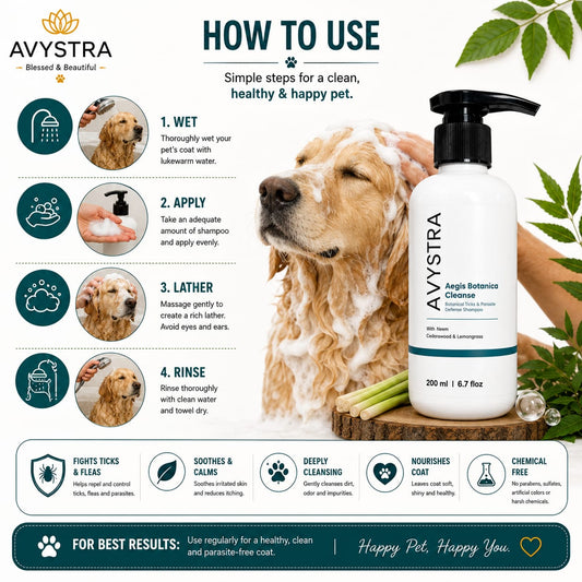 AVYSTRA Aegis Botanica Cleanse Dog & Cat Shampoo | Tick & Flea Defense | Neem, Cedarwood & Lemongrass | 200ml