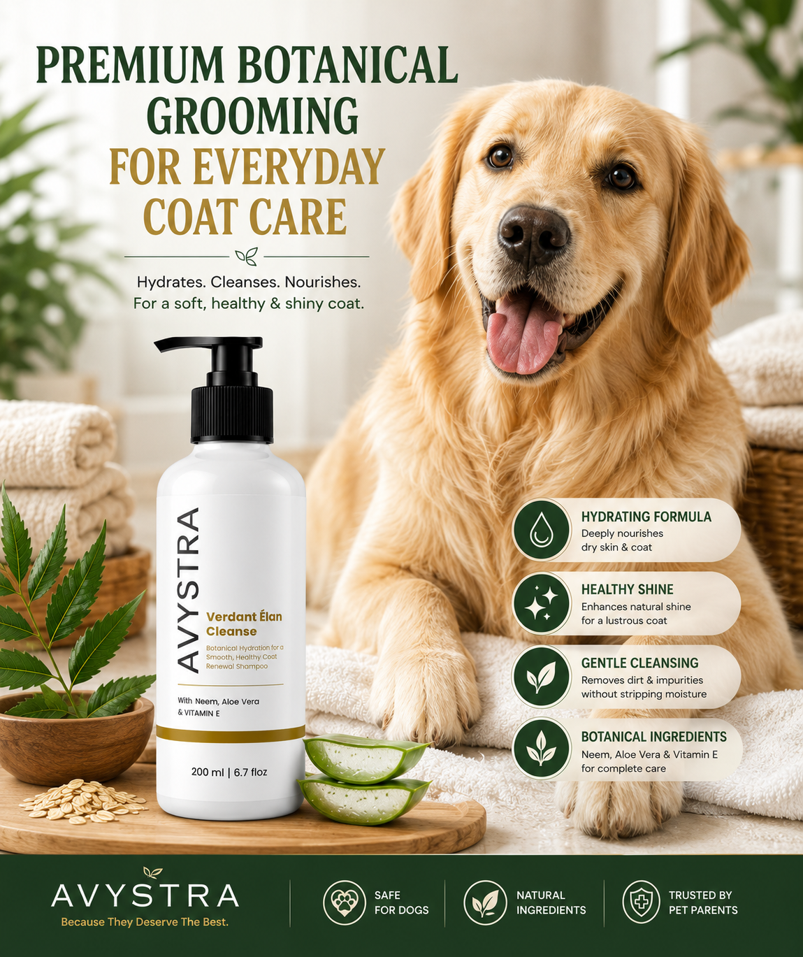 AVYSTRA Verdant Élan Cleanse Dog & Cat Shampoo | Coat Renewal Shampoo | Neem, Aloe Vera & Vitamin E | 200ml
