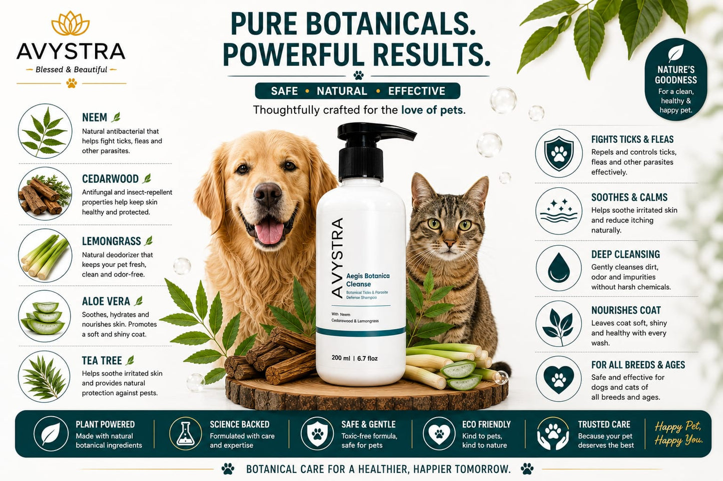 AVYSTRA Aegis Botanica Cleanse Dog & Cat Shampoo | Tick & Flea Defense | Neem, Cedarwood & Lemongrass | 200ml