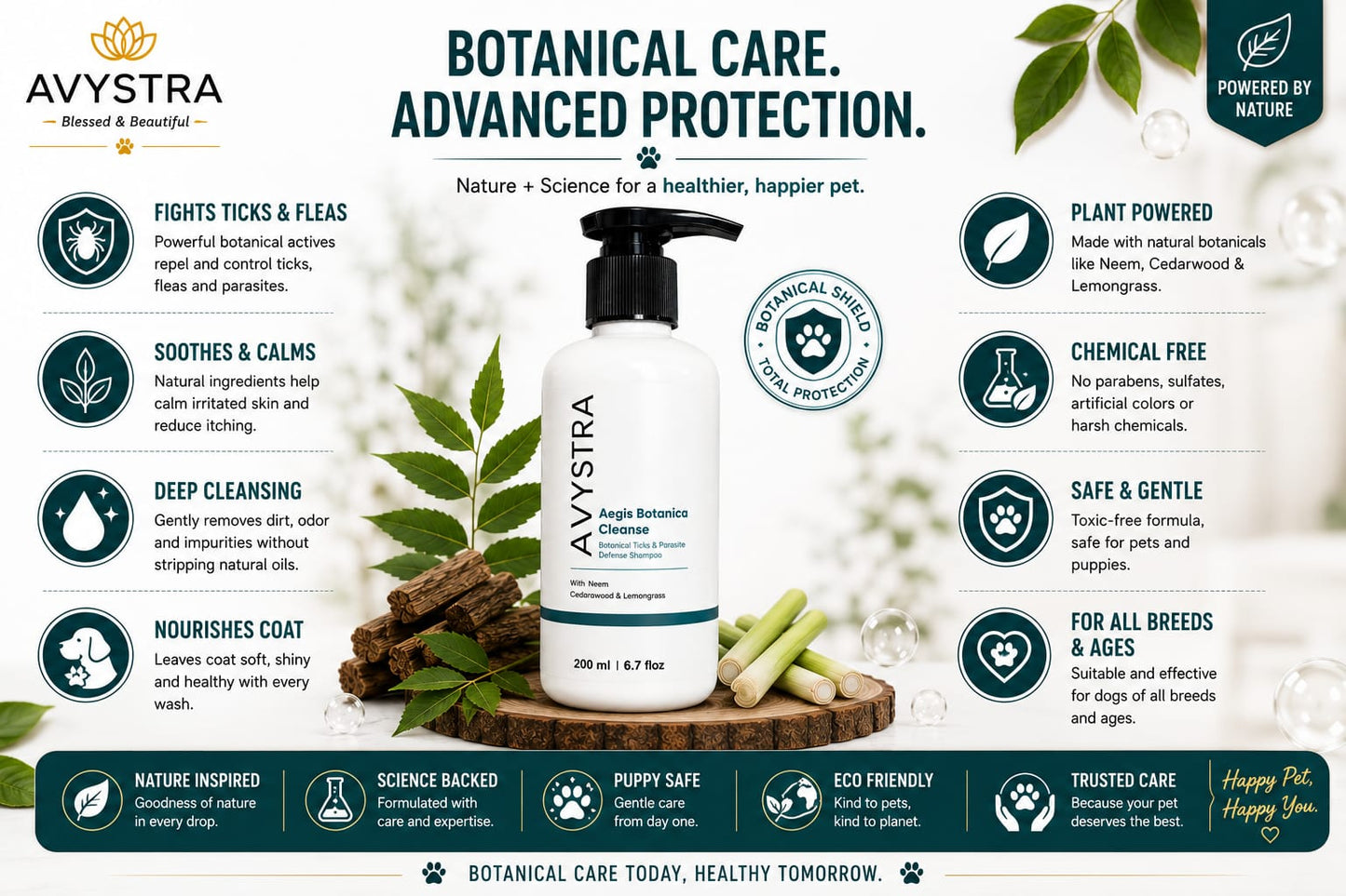 AVYSTRA Aegis Botanica Cleanse Dog & Cat Shampoo | Tick & Flea Defense | Neem, Cedarwood & Lemongrass | 200ml
