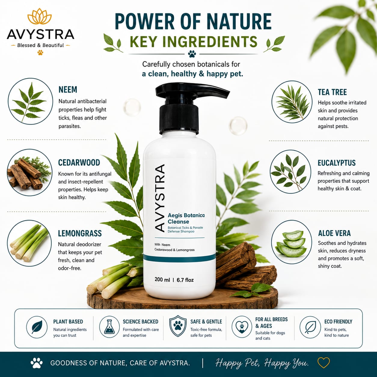 AVYSTRA Aegis Botanica Cleanse Dog & Cat Shampoo | Tick & Flea Defense | Neem, Cedarwood & Lemongrass | 200ml