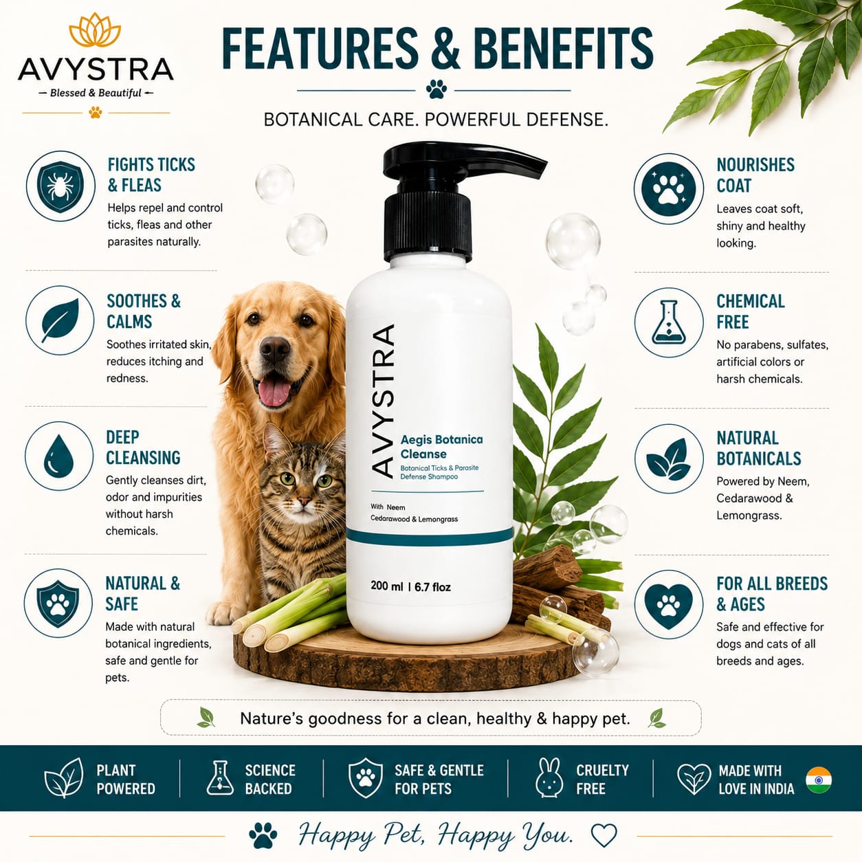 AVYSTRA Aegis Botanica Cleanse Dog & Cat Shampoo | Tick & Flea Defense | Neem, Cedarwood & Lemongrass | 200ml