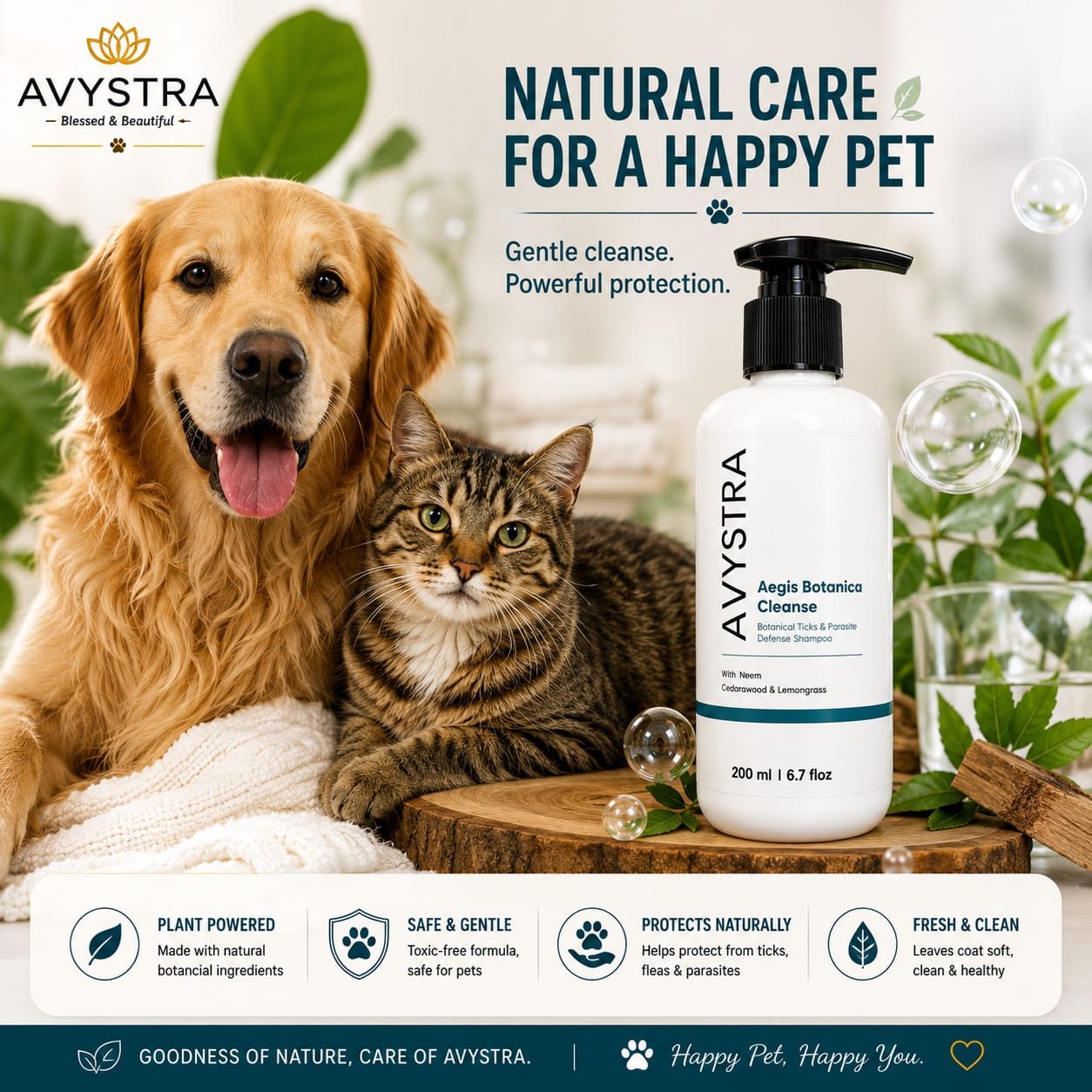 AVYSTRA Aegis Botanica Cleanse Dog & Cat Shampoo | Tick & Flea Defense | Neem, Cedarwood & Lemongrass | 200ml