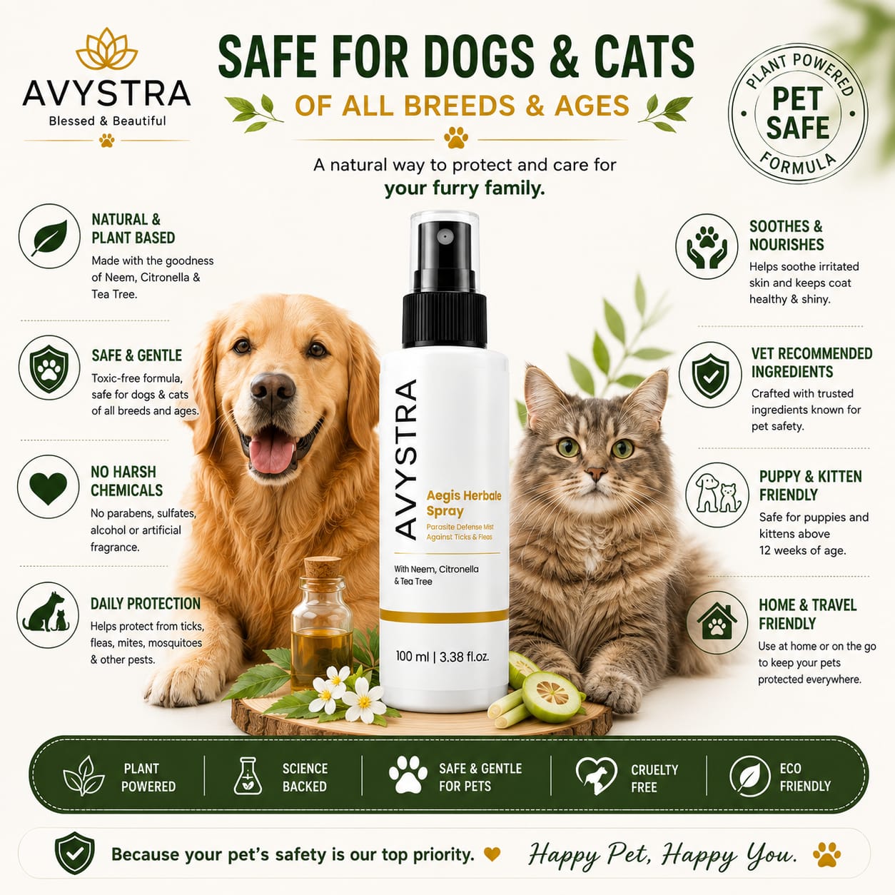 AVYSTRA Aegis Herbal Spray | Tick & Flea Defense Mist for Dogs & Cats | Neem, Citronella & Tea Tree | 100ml