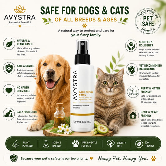 AVYSTRA Aegis Herbal Spray | Tick & Flea Defense Mist for Dogs & Cats | Neem, Citronella & Tea Tree | 100ml