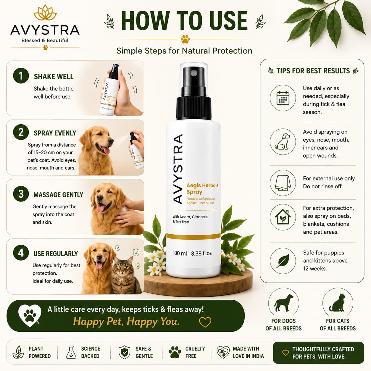AVYSTRA Aegis Herbal Spray | Tick & Flea Defense Mist for Dogs & Cats | Neem, Citronella & Tea Tree | 100ml