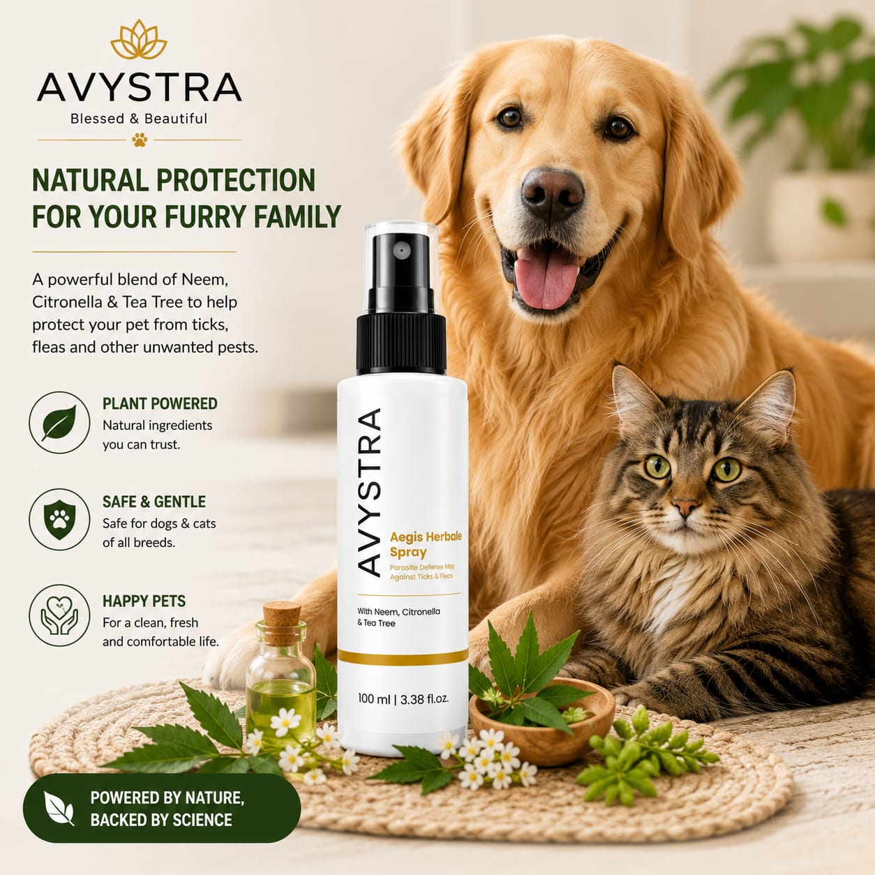 AVYSTRA Aegis Herbal Spray | Tick & Flea Defense Mist for Dogs & Cats | Neem, Citronella & Tea Tree | 100ml