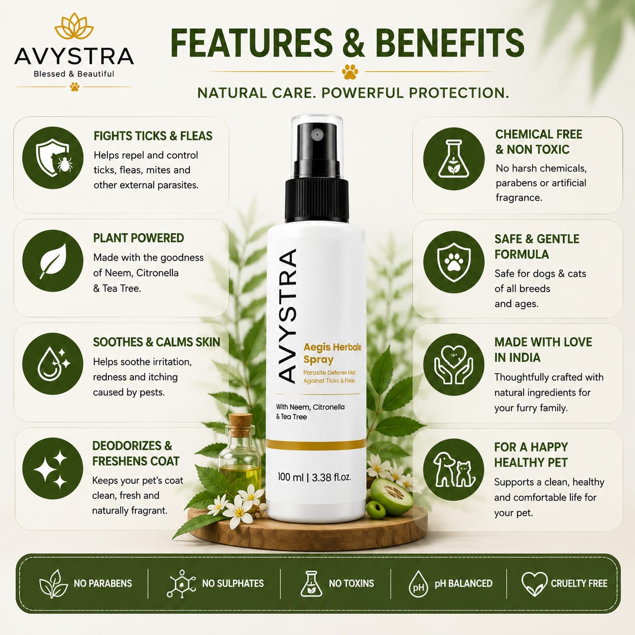 AVYSTRA Aegis Herbal Spray | Tick & Flea Defense Mist for Dogs & Cats | Neem, Citronella & Tea Tree | 100ml