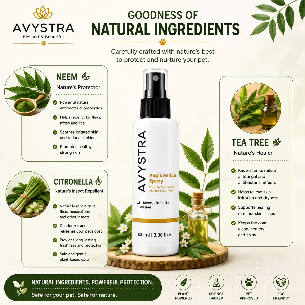 AVYSTRA Aegis Herbal Spray | Tick & Flea Defense Mist for Dogs & Cats | Neem, Citronella & Tea Tree | 100ml