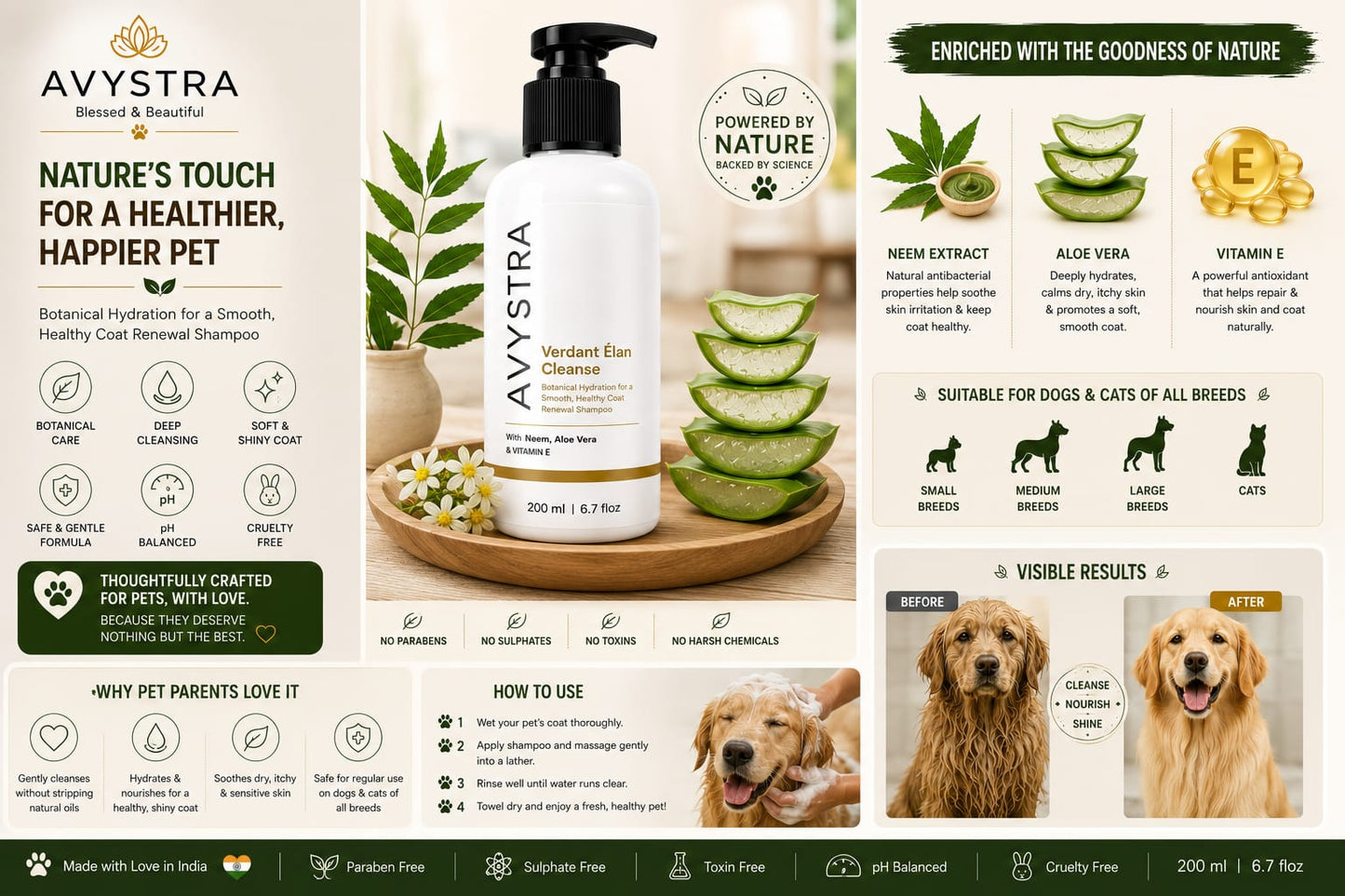 AVYSTRA Verdant Élan Cleanse Dog & Cat Shampoo | Coat Renewal Shampoo | Neem, Aloe Vera & Vitamin E | 200ml