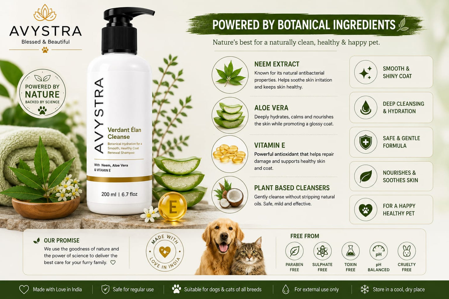 AVYSTRA Verdant Élan Cleanse Dog & Cat Shampoo | Coat Renewal Shampoo | Neem, Aloe Vera & Vitamin E | 200ml