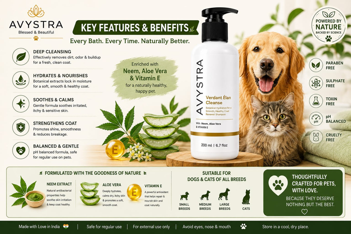 AVYSTRA Verdant Élan Cleanse Dog & Cat Shampoo | Coat Renewal Shampoo | Neem, Aloe Vera & Vitamin E | 200ml