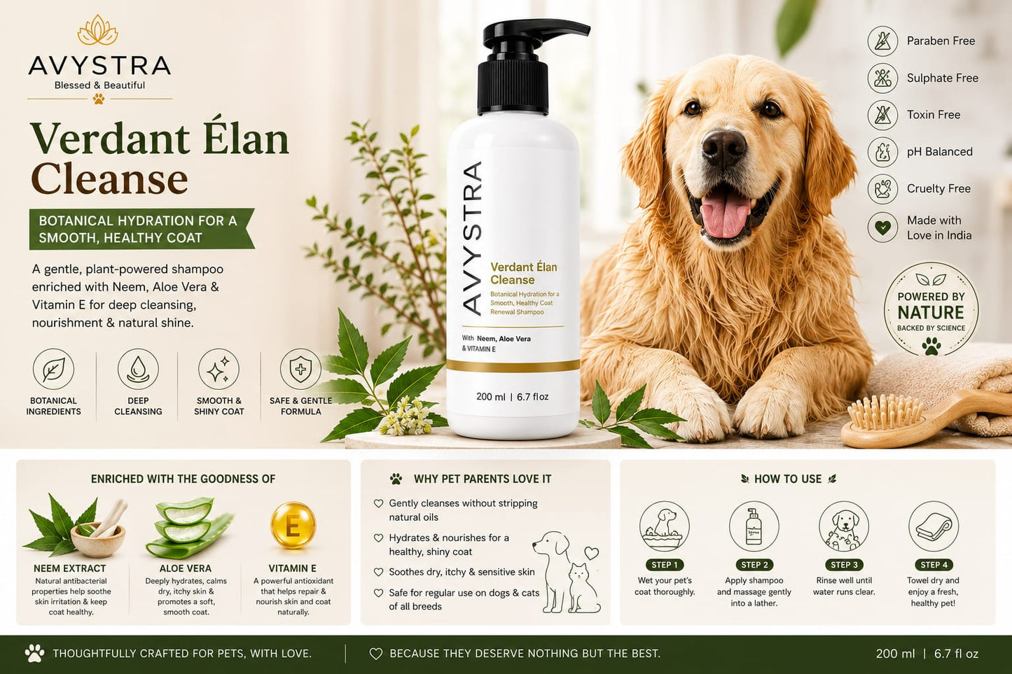AVYSTRA Verdant Élan Cleanse Dog & Cat Shampoo | Coat Renewal Shampoo | Neem, Aloe Vera & Vitamin E | 200ml