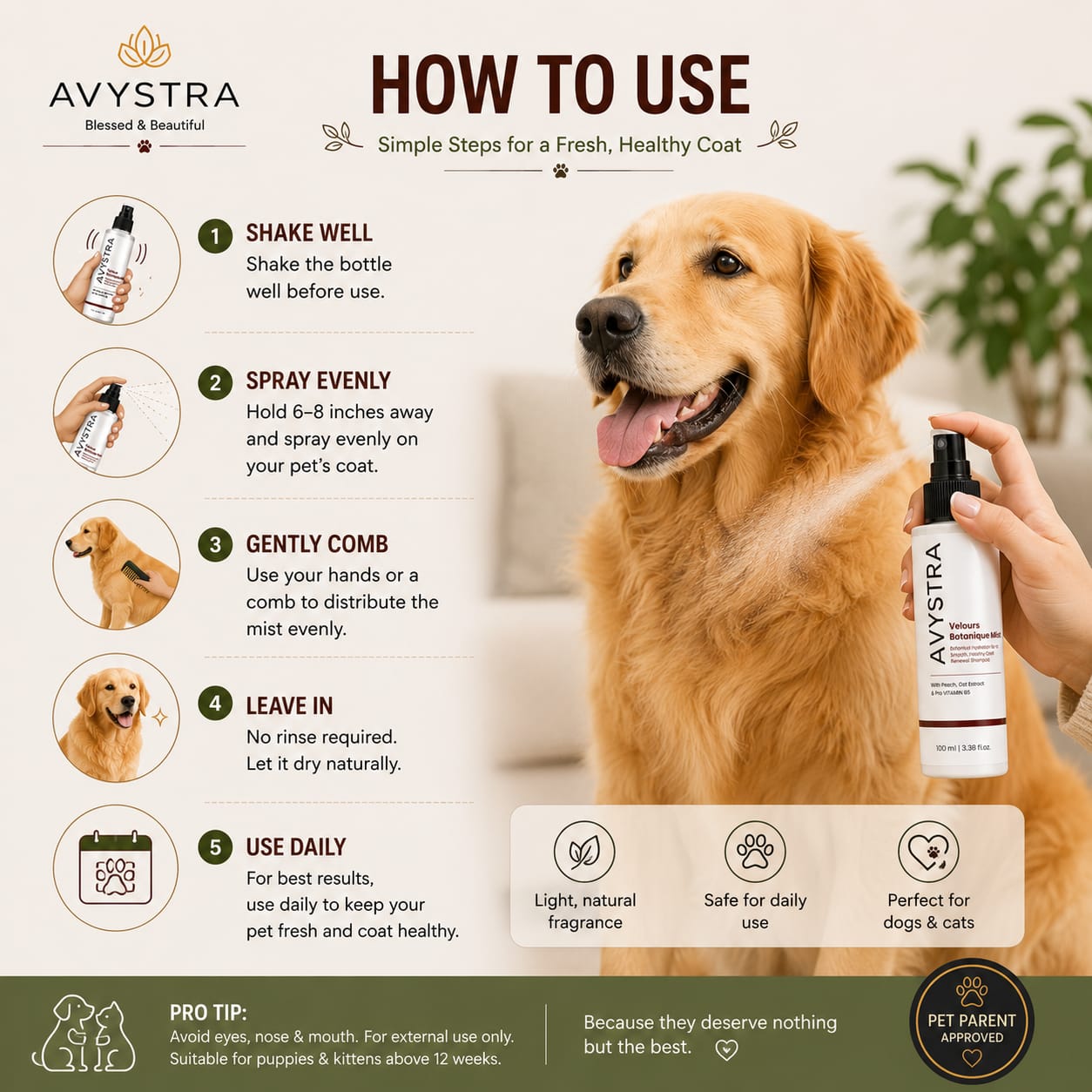 AVYSTRA Velours Botanique Mist | Waterless Grooming Mist | Coat Refresh Spray | 100ml