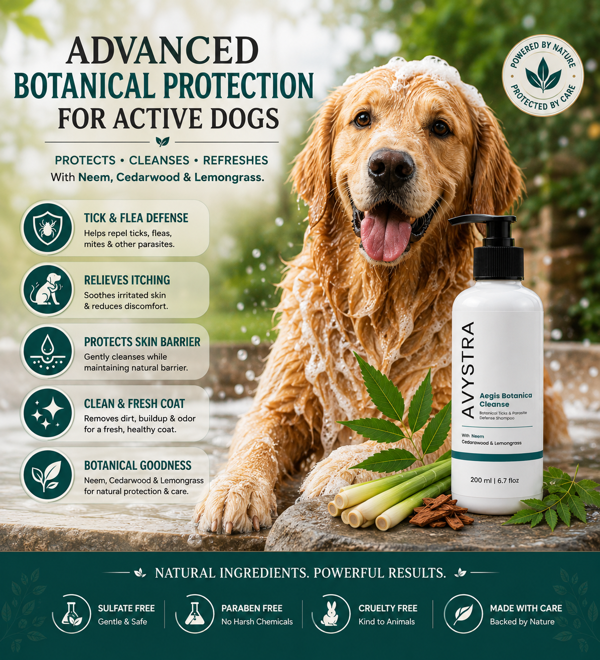 AVYSTRA Aegis Botanica Cleanse Dog & Cat Shampoo | Tick & Flea Defense | Neem, Cedarwood & Lemongrass | 200ml